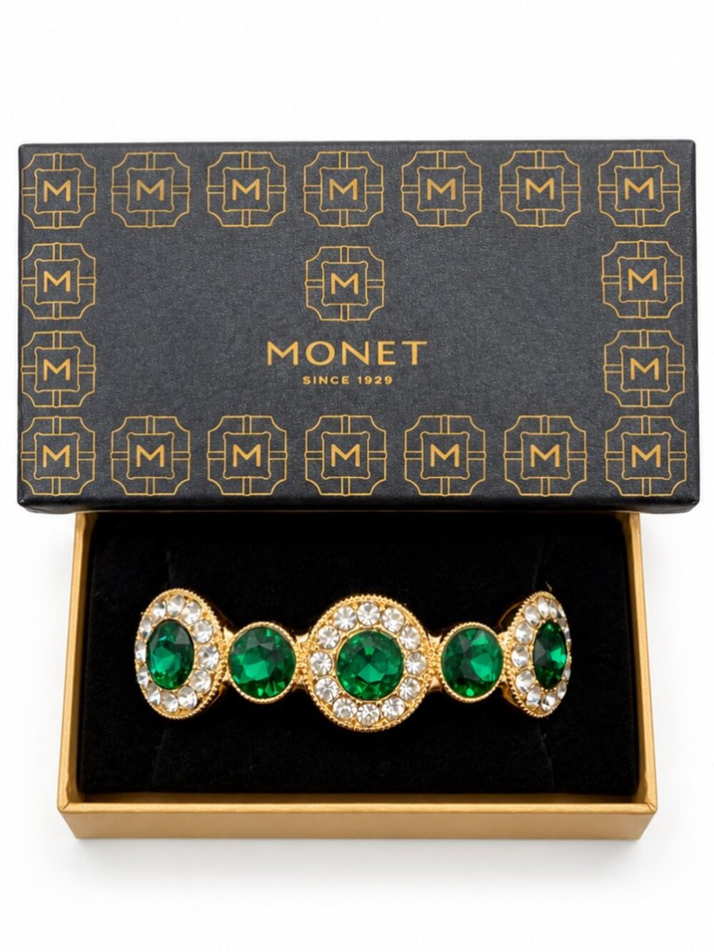 Monet Gold Tone Emerald Green Crystal Statement Bracelet w/ Box